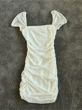 Princess Polly Ivory Ruched Mesh Mini Dress with Puff Sleeves